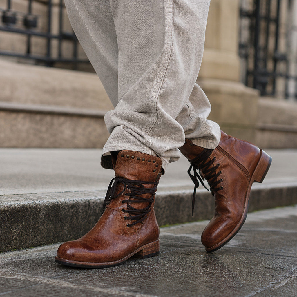 Women's Studded Ankle Boots, Western Lace Up Leather Booties Brown – Styled Editorial Shot