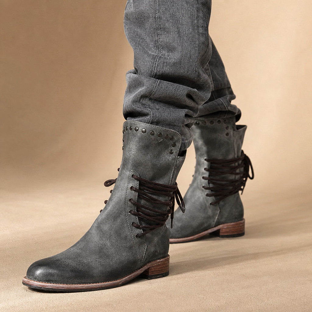 Women's Studded Ankle Boots, Western Lace Up Leather Booties in Gray – Mampierimoda Premium Womenswear