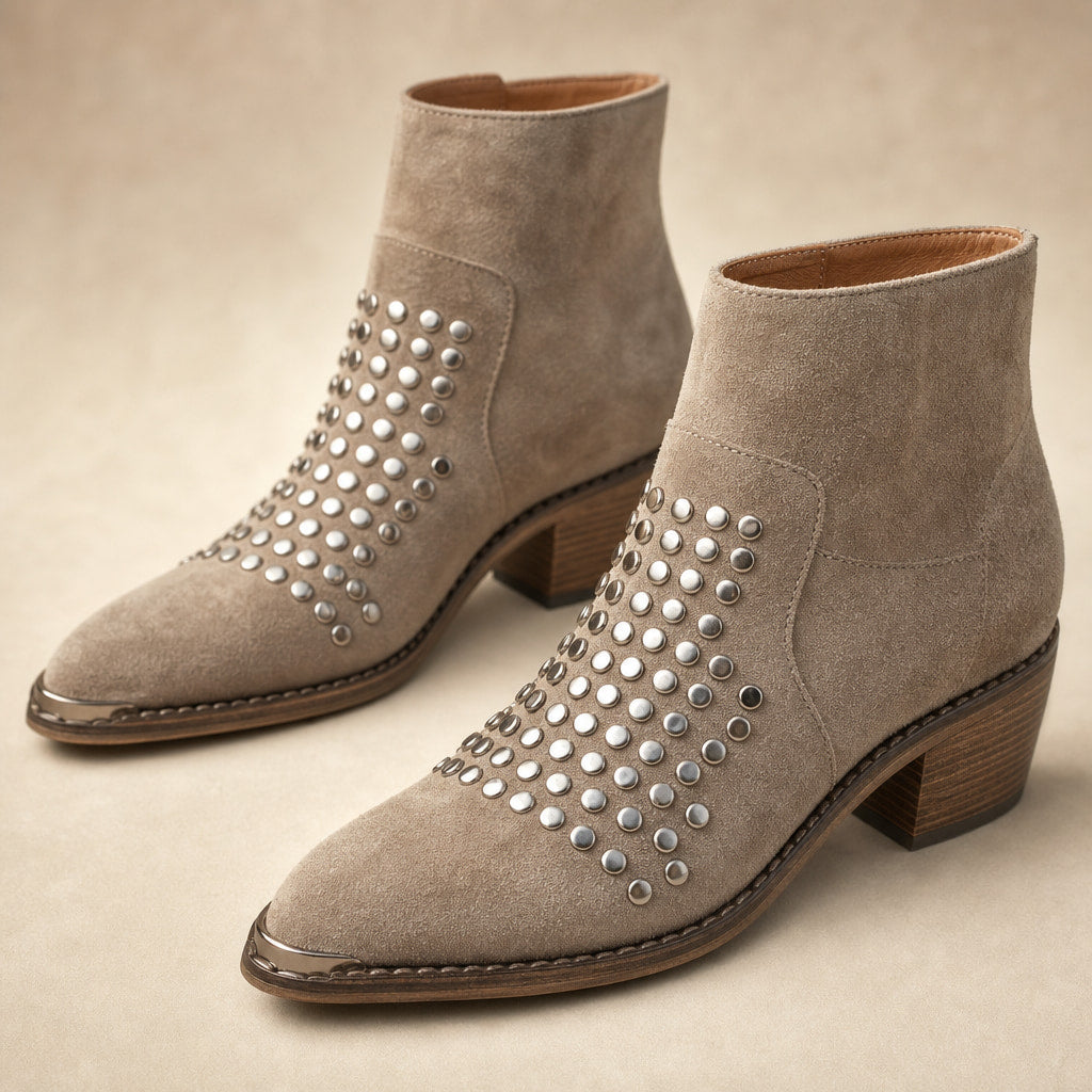 Women's Studded Suede Boots, Side Zip Block Heel Ankle Booties – Fabric and Detail Close-Up