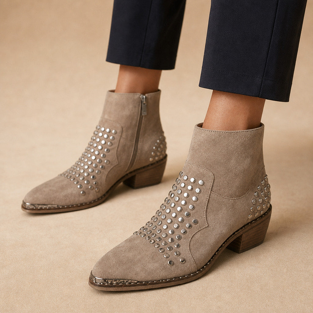 Women's Studded Suede Boots, Side Zip Block Heel Ankle Booties – Mampierimoda Premium Womenswear