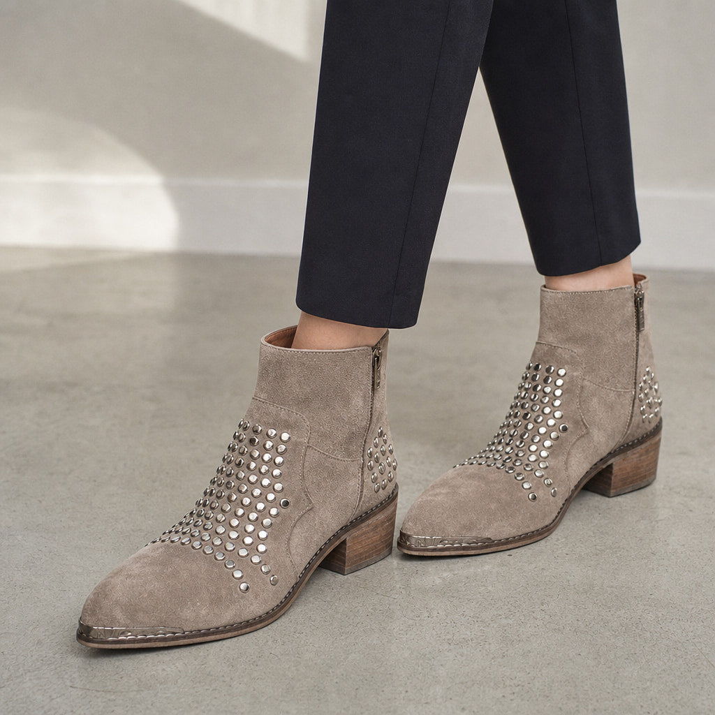 Women's Studded Suede Boots, Side Zip Block Heel Ankle Booties