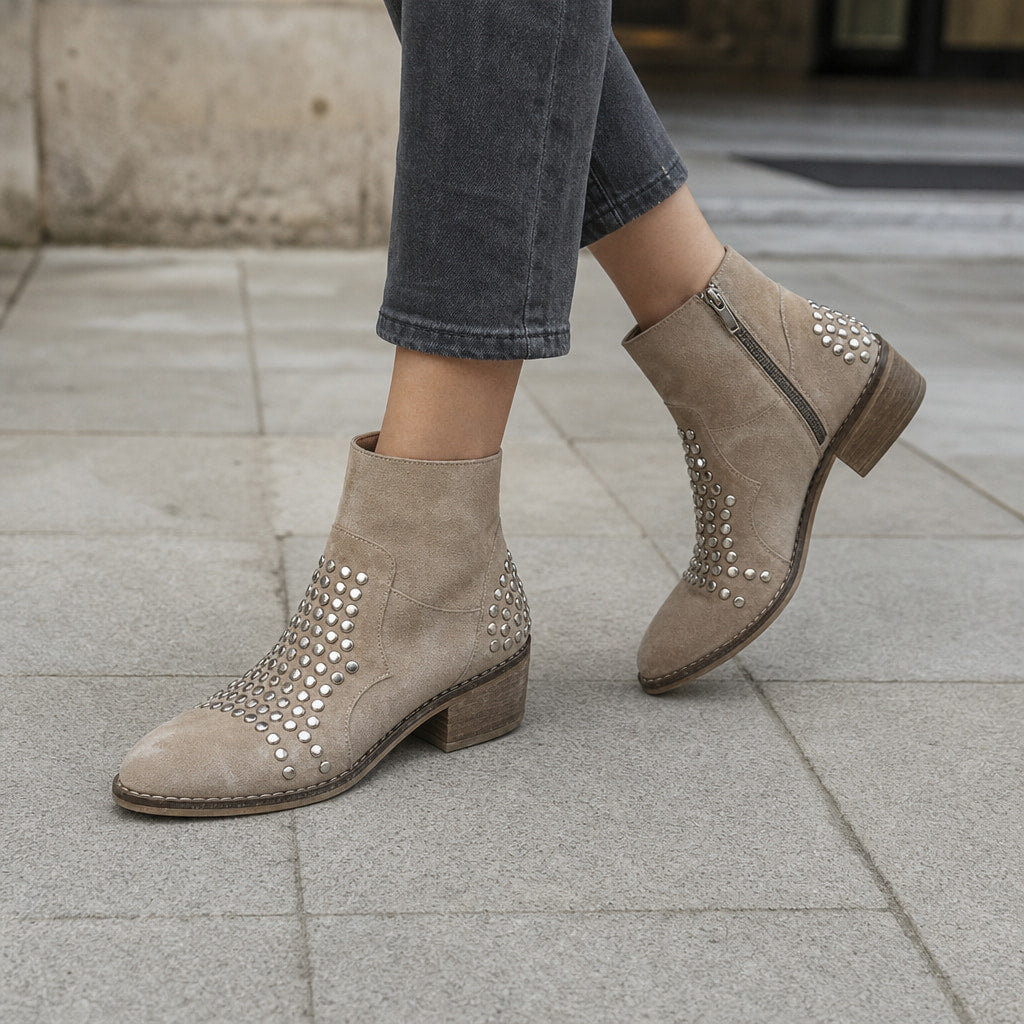 Women's Studded Suede Boots, Side Zip Block Heel Ankle Booties – Styled Editorial Shot