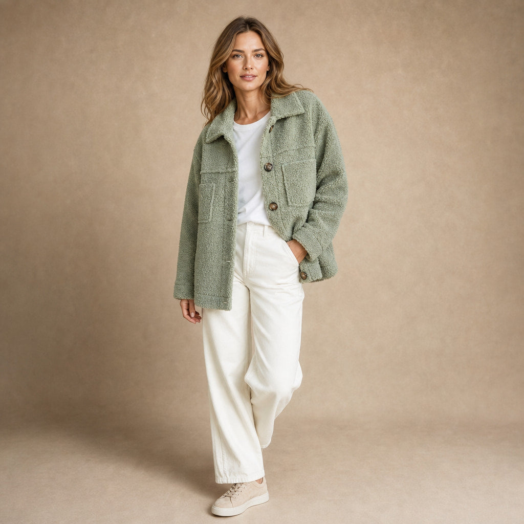 Women's Stylish Thick Cardigan Jacket Green – Side Angle View