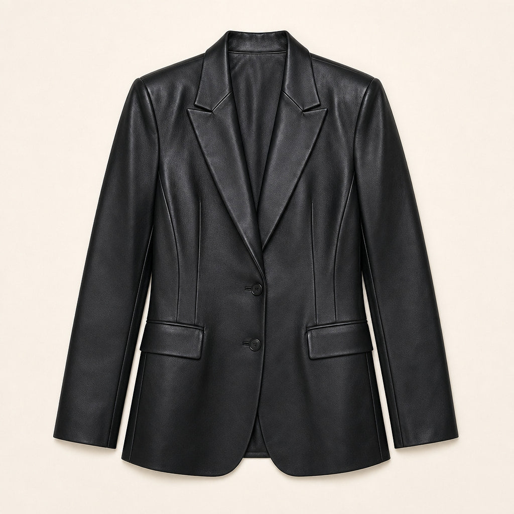 Women's Supple Leather Blazer | Elegant Structured Black Jacket for Evening Wear Black – Flat Lay Product Photo