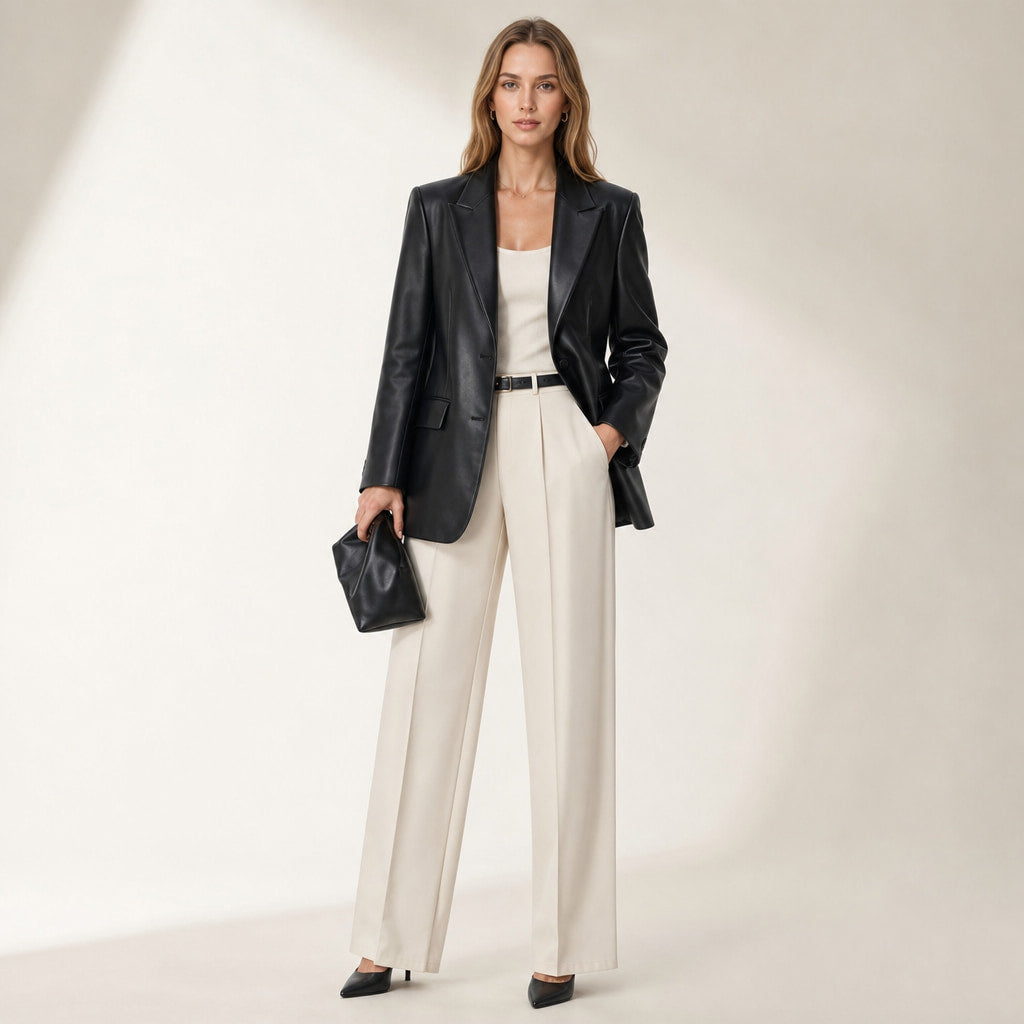 Women's Supple Leather Blazer | Elegant Structured Black Jacket for Evening Wear Black – Full Look