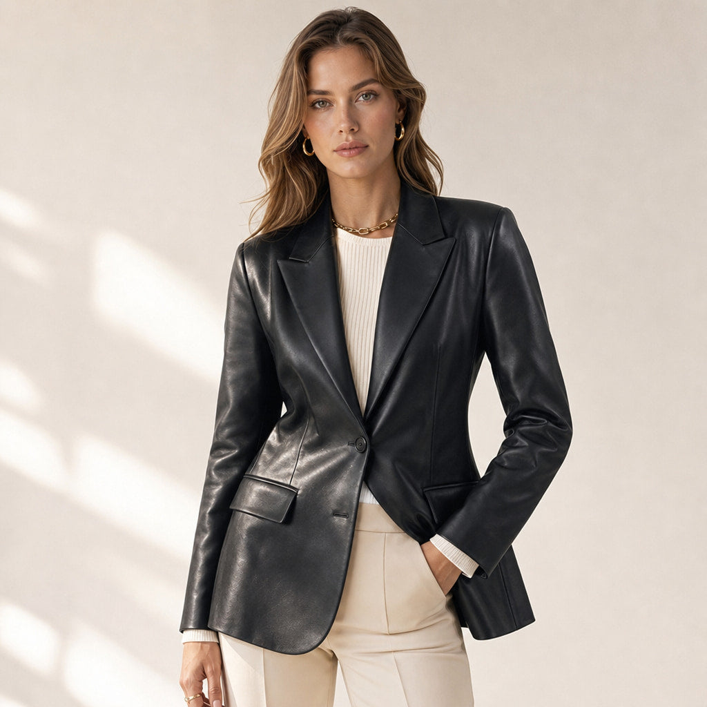 Women's Supple Leather Blazer | Elegant Structured Black Jacket for Evening Wear in Black – Mampierimoda Premium Womenswear