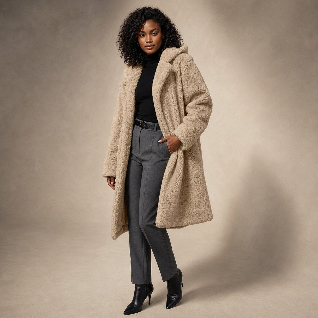 Women's Teddy Winter Coat Long with Hood - Elegant Warm Wool Coat Beige – Side Angle View