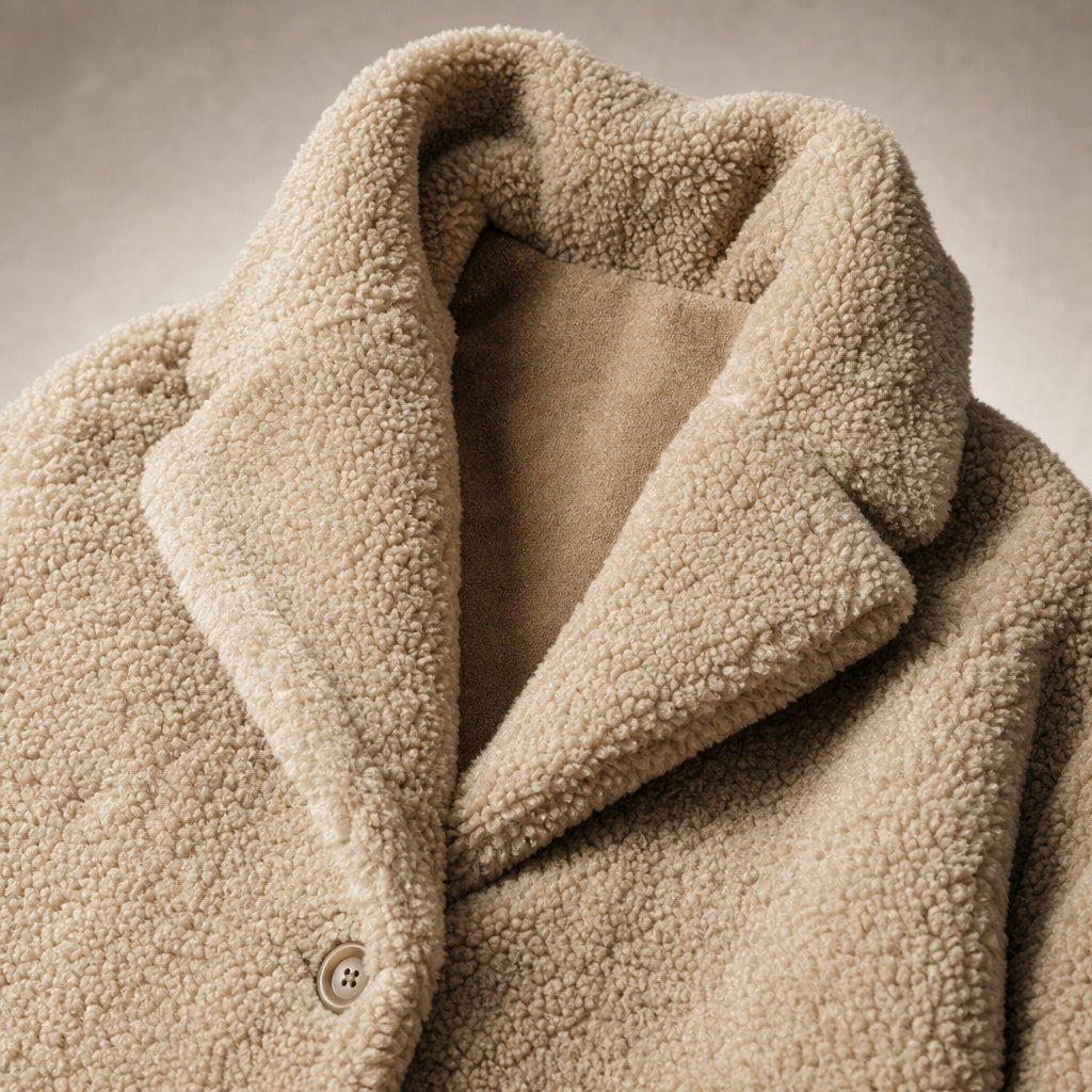 Women's Teddy Winter Coat Long with Hood - Elegant Warm Wool Coat Beige – Fabric and Detail Close-Up