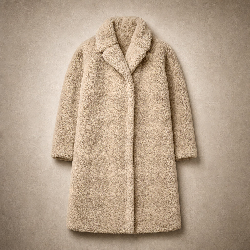 Women's Teddy Winter Coat Long with Hood - Elegant Warm Wool Coat Beige – Flat Lay Product Photo