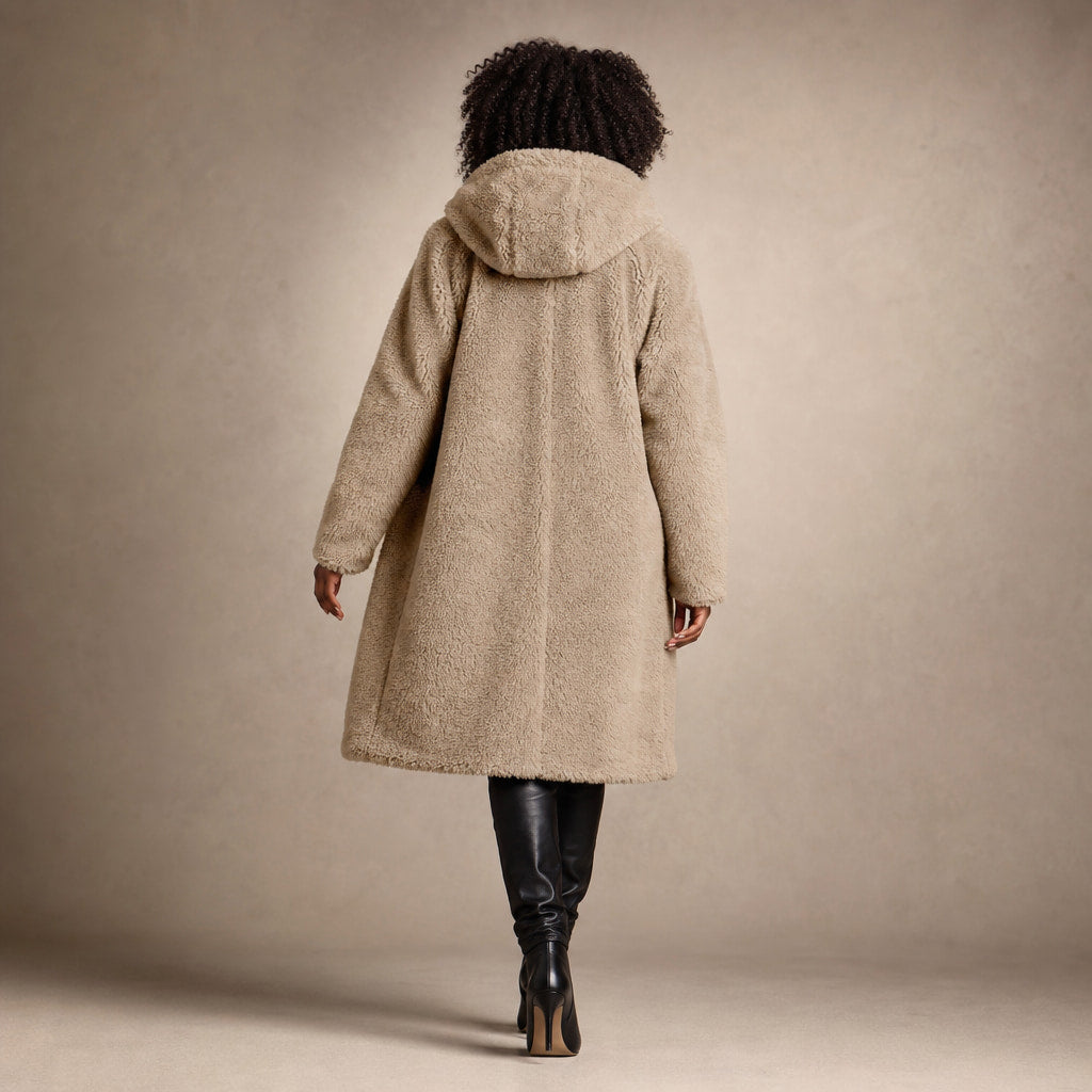 Women's Teddy Winter Coat Long with Hood - Elegant Warm Wool Coat Beige – Full Look