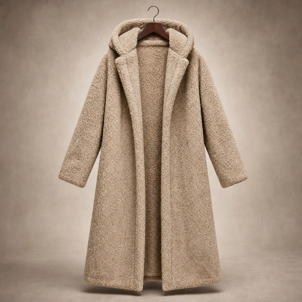 Women's Teddy Winter Coat Long with Hood - Elegant Warm Wool Coat Beige – Product Photo