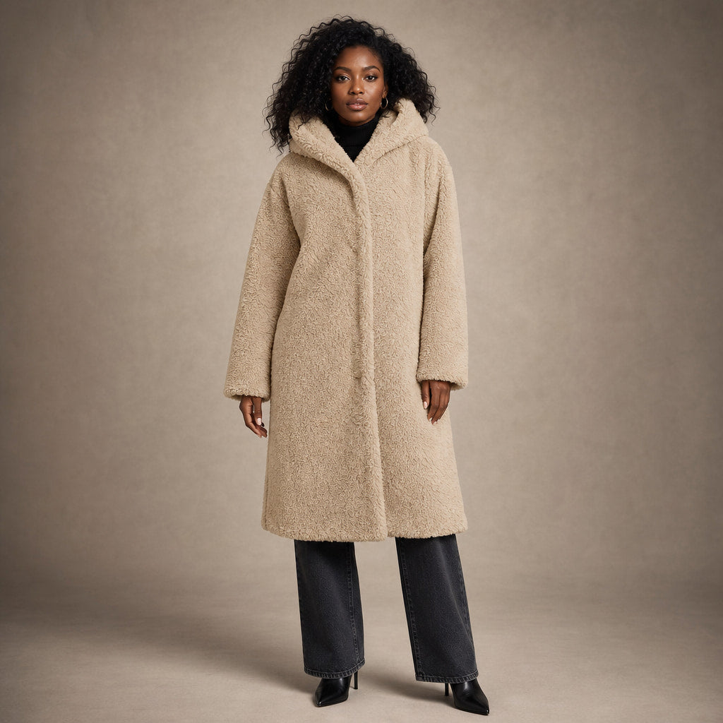 Women's Teddy Winter Coat Long with Hood - Elegant Warm Wool Coat in Beige – Mampierimoda Premium Womenswear
