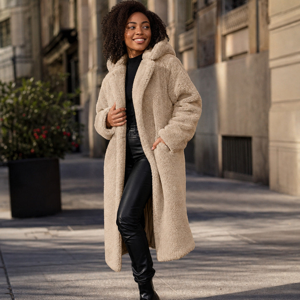Women's Teddy Winter Coat Long with Hood - Elegant Warm Wool Coat Beige – Styled Editorial Shot