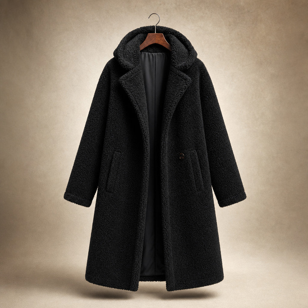 Women's Teddy Winter Coat Long with Hood - Elegant Warm Wool Coat Black – Product Photo