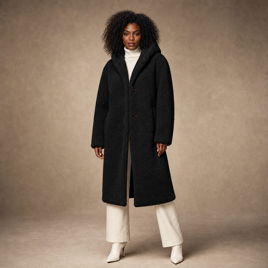 Women's Teddy Winter Coat Long with Hood - Elegant Warm Wool Coat in Black – Mampierimoda Premium Womenswear