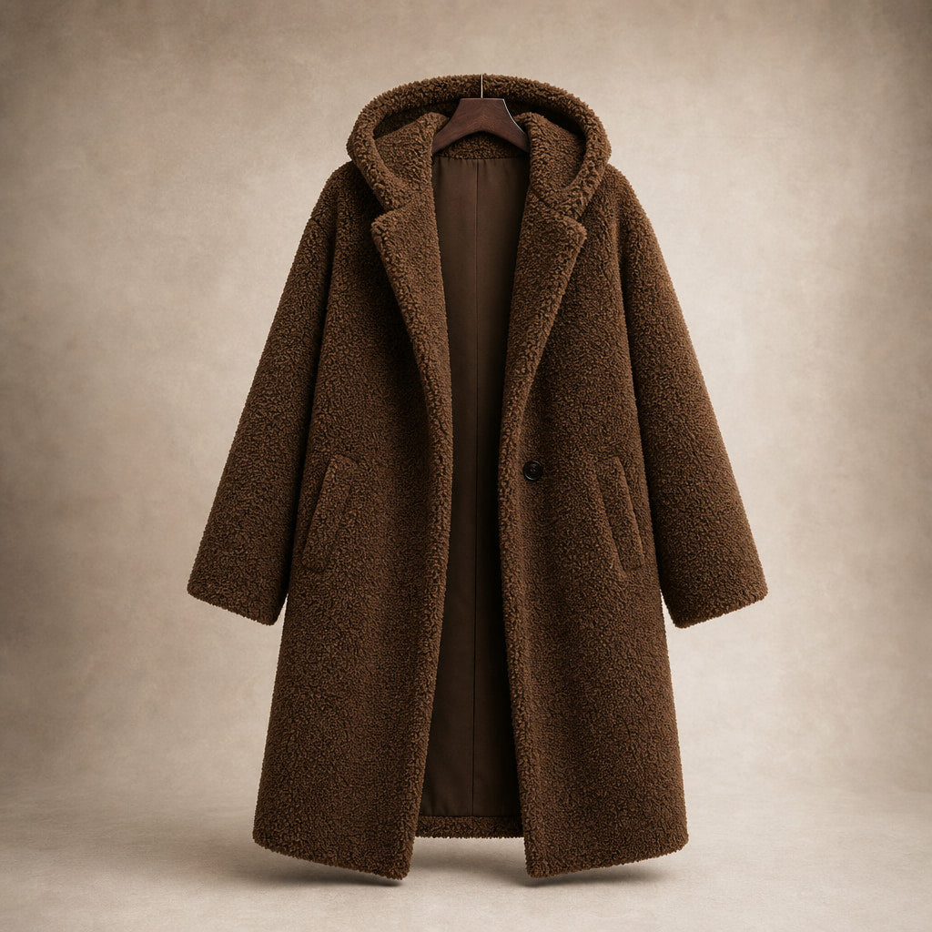Women's Teddy Winter Coat Long with Hood - Elegant Warm Wool Coat Brown – Product Photo