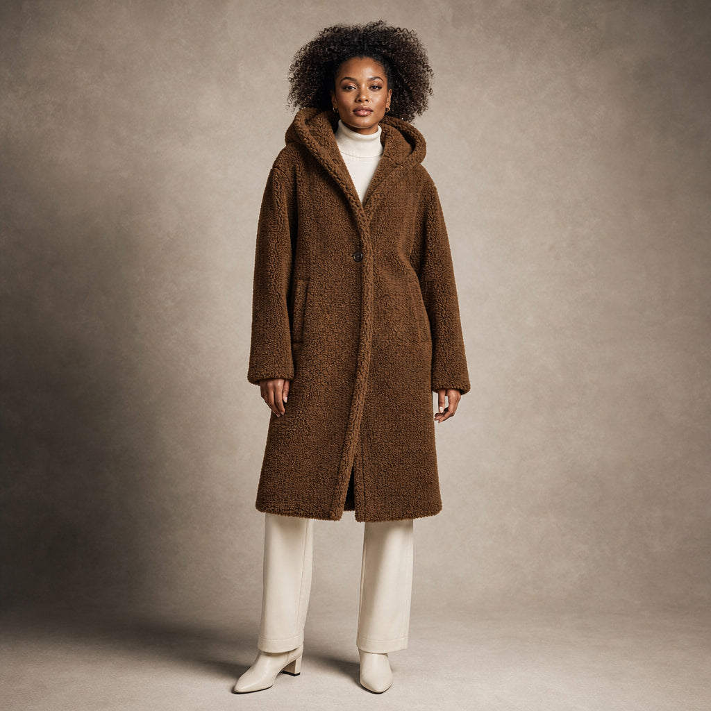 Women's Teddy Winter Coat Long with Hood - Elegant Warm Wool Coat in Brown – Mampierimoda Premium Womenswear