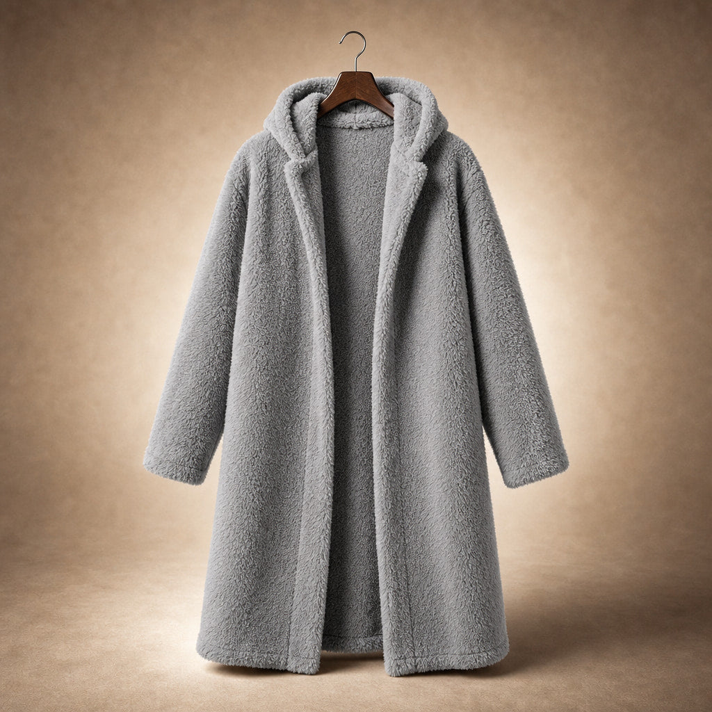 Women's Teddy Winter Coat Long with Hood - Elegant Warm Wool Coat Gray – Product Photo