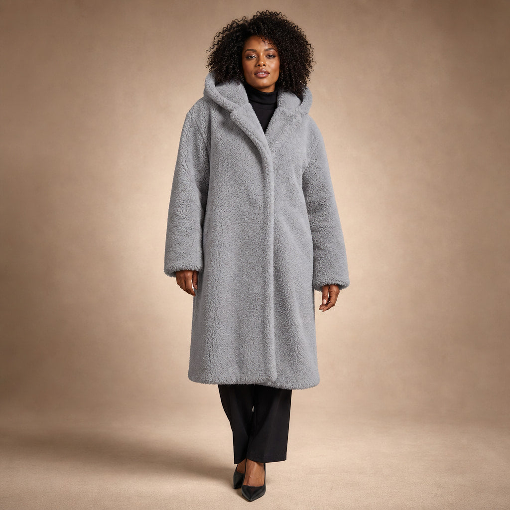 Women's Teddy Winter Coat Long with Hood - Elegant Warm Wool Coat in Gray – Mampierimoda Premium Womenswear