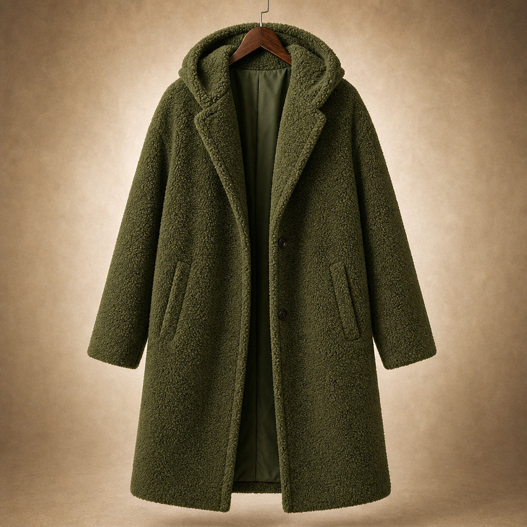 Women's Teddy Winter Coat Long with Hood - Elegant Warm Wool Coat Green – Product Photo