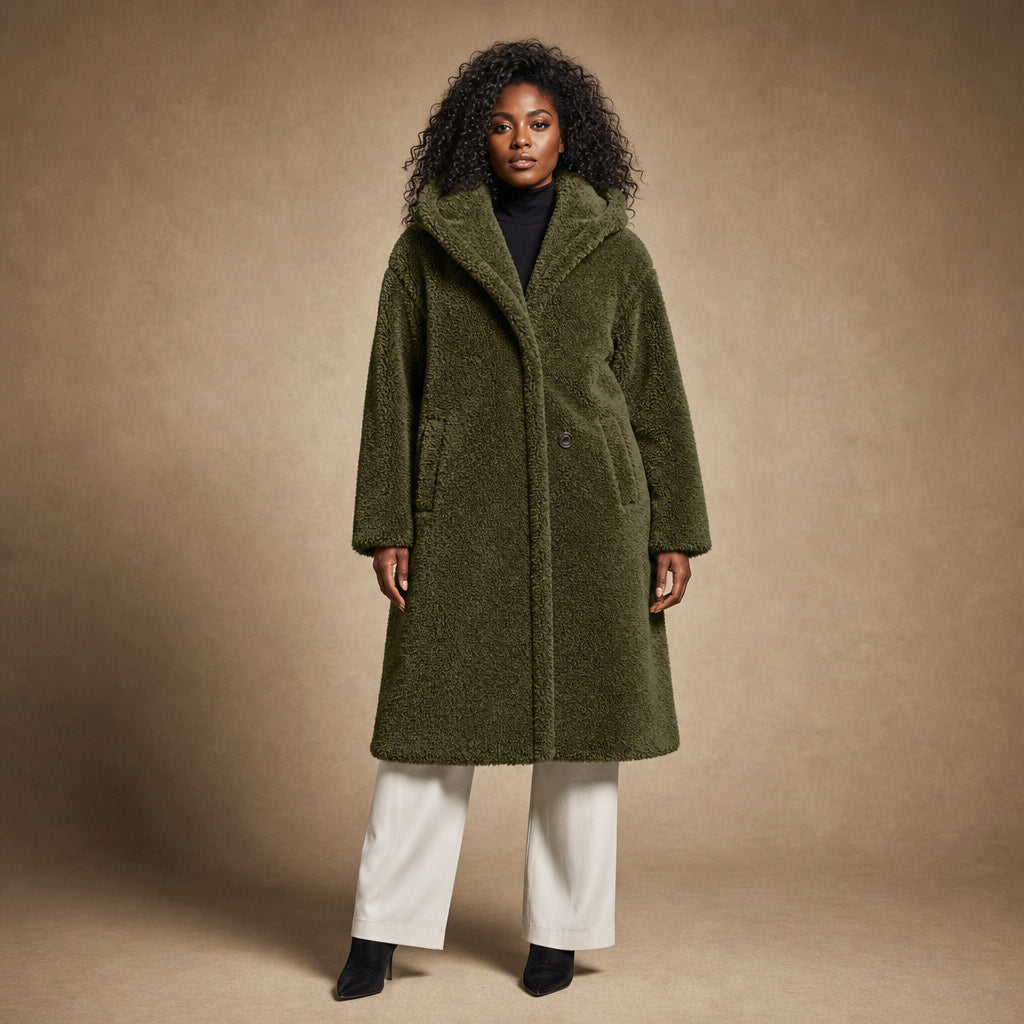 Women's Teddy Winter Coat Long with Hood - Elegant Warm Wool Coat in Green – Mampierimoda Premium Womenswear