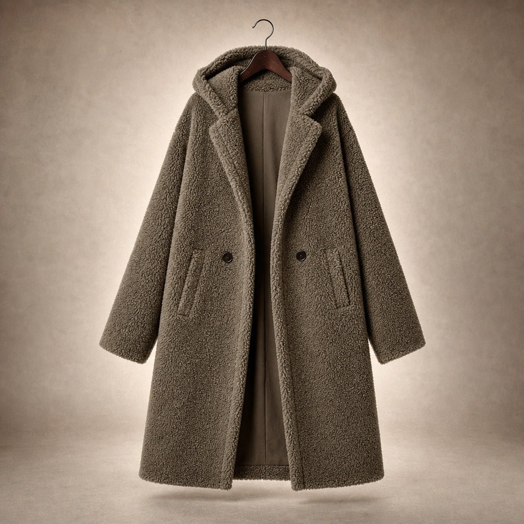 Women's Teddy Winter Coat Long with Hood - Elegant Warm Wool Coat Khaki – Product Photo