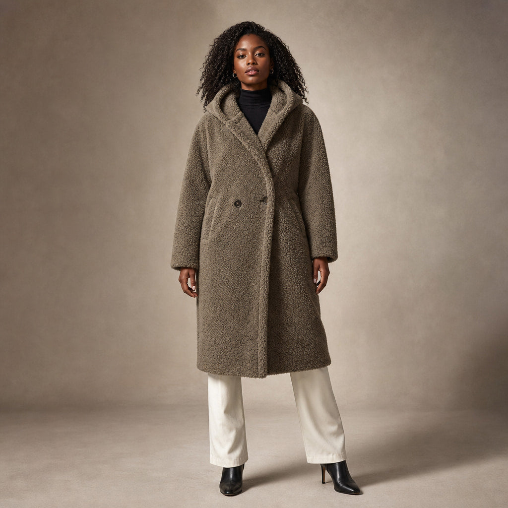 Women's Teddy Winter Coat Long with Hood - Elegant Warm Wool Coat in Khaki – Mampierimoda Premium Womenswear