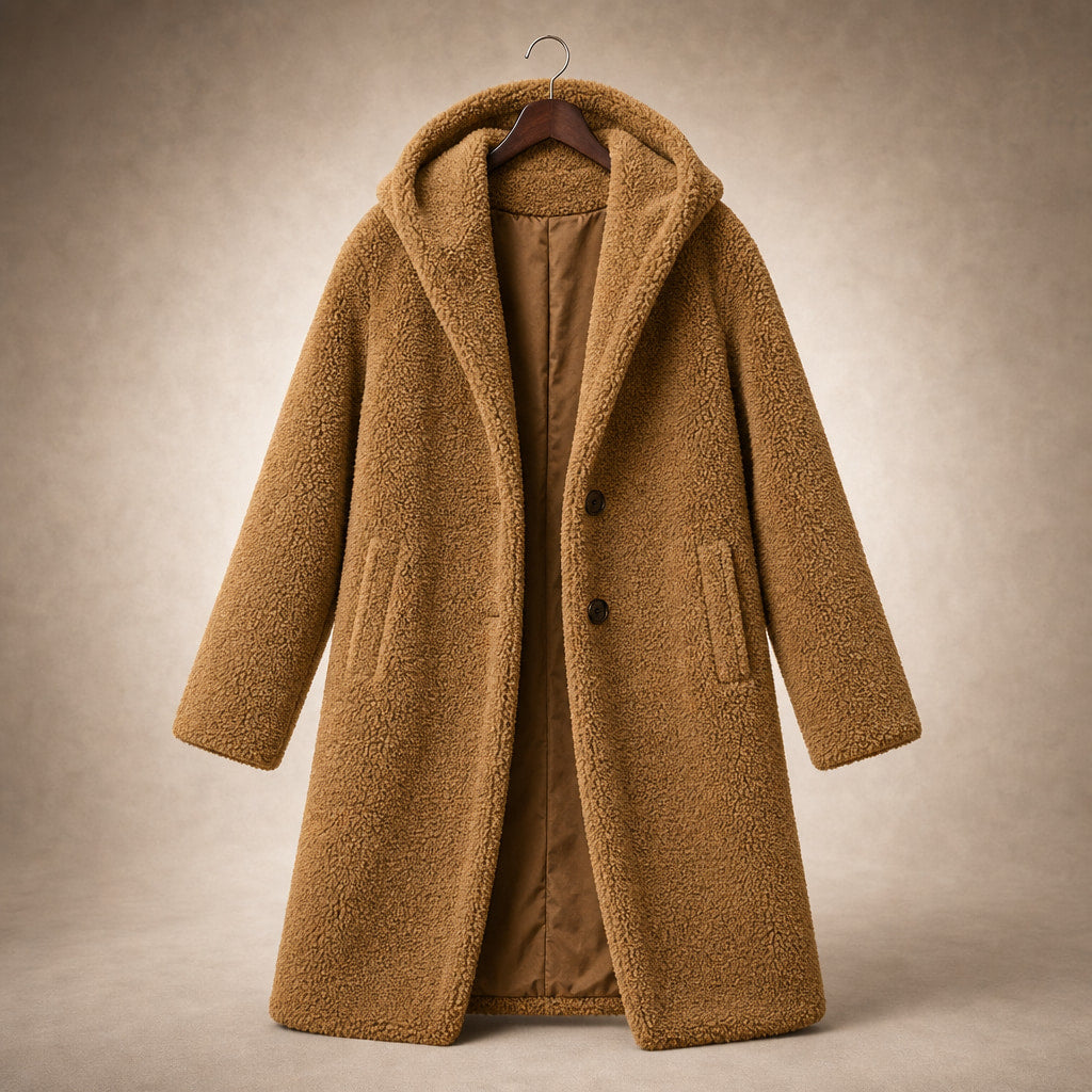 Women's Teddy Winter Coat Long with Hood - Elegant Warm Wool Coat Light Brown – Product Photo