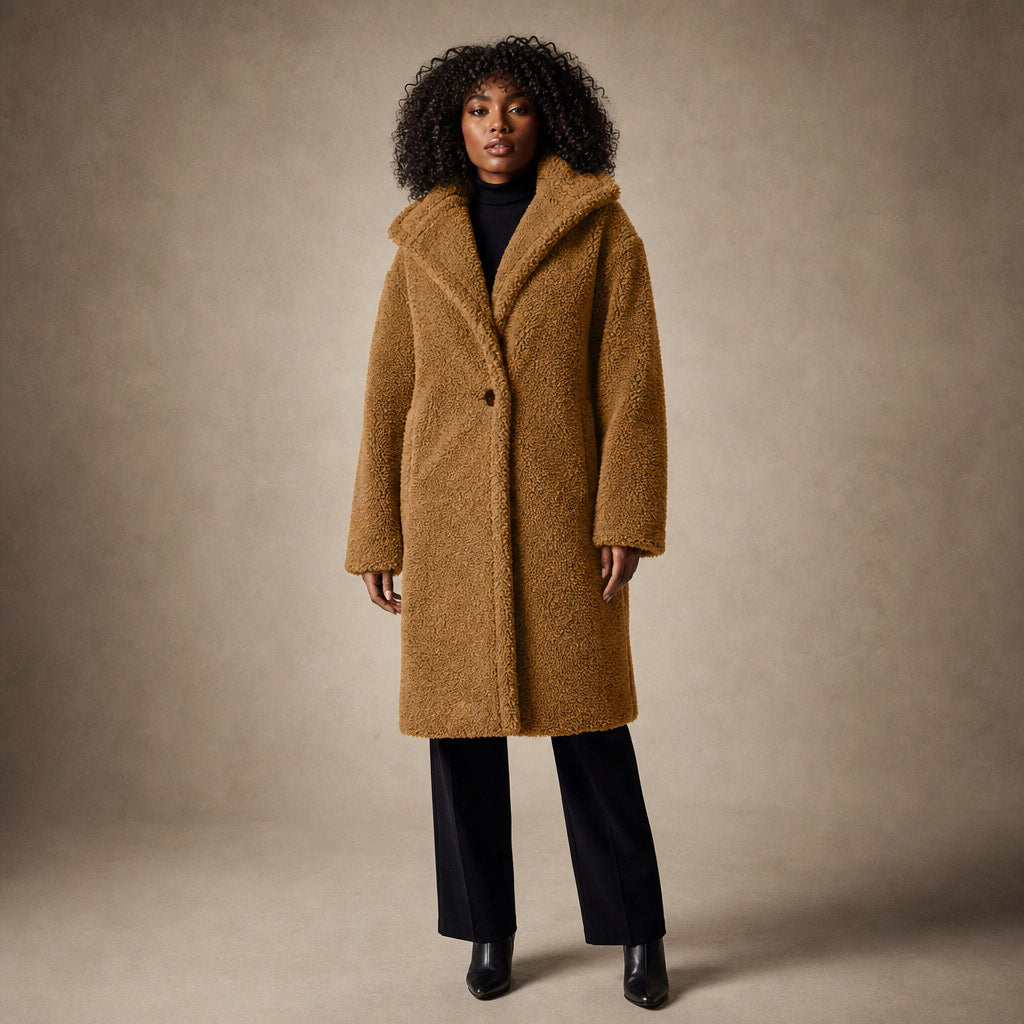 Women's Teddy Winter Coat Long with Hood - Elegant Warm Wool Coat in Light Brown – Mampierimoda Premium Womenswear