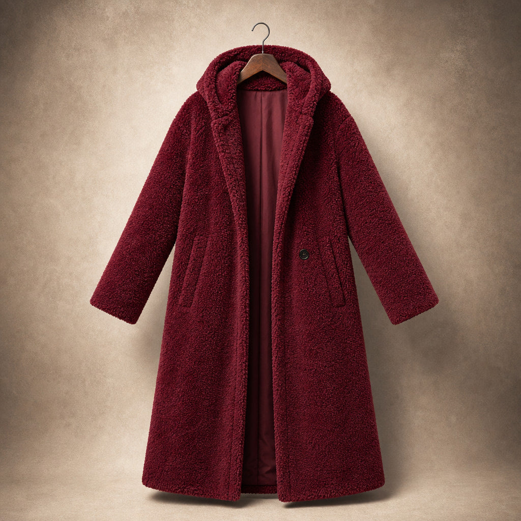 Women's Teddy Winter Coat Long with Hood - Elegant Warm Wool Coat Red – Product Photo
