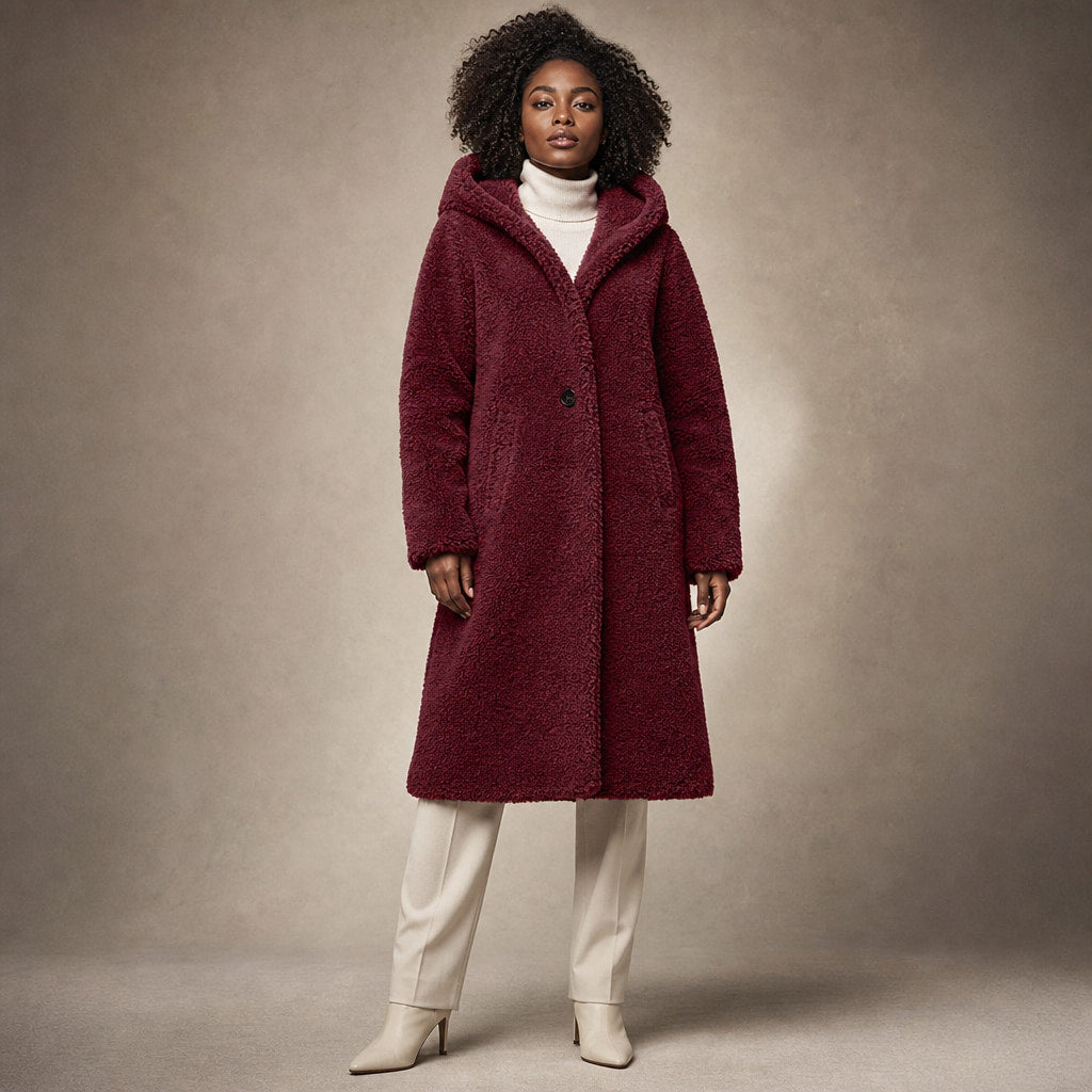 Women's Teddy Winter Coat Long with Hood - Elegant Warm Wool Coat in Red – Mampierimoda Premium Womenswear