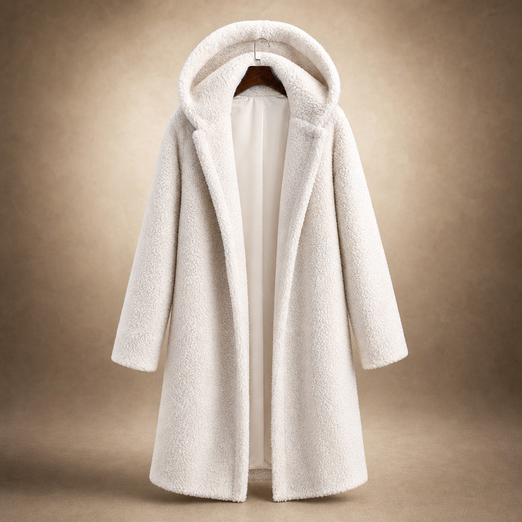 Women's Teddy Winter Coat Long with Hood - Elegant Warm Wool Coat White – Product Photo