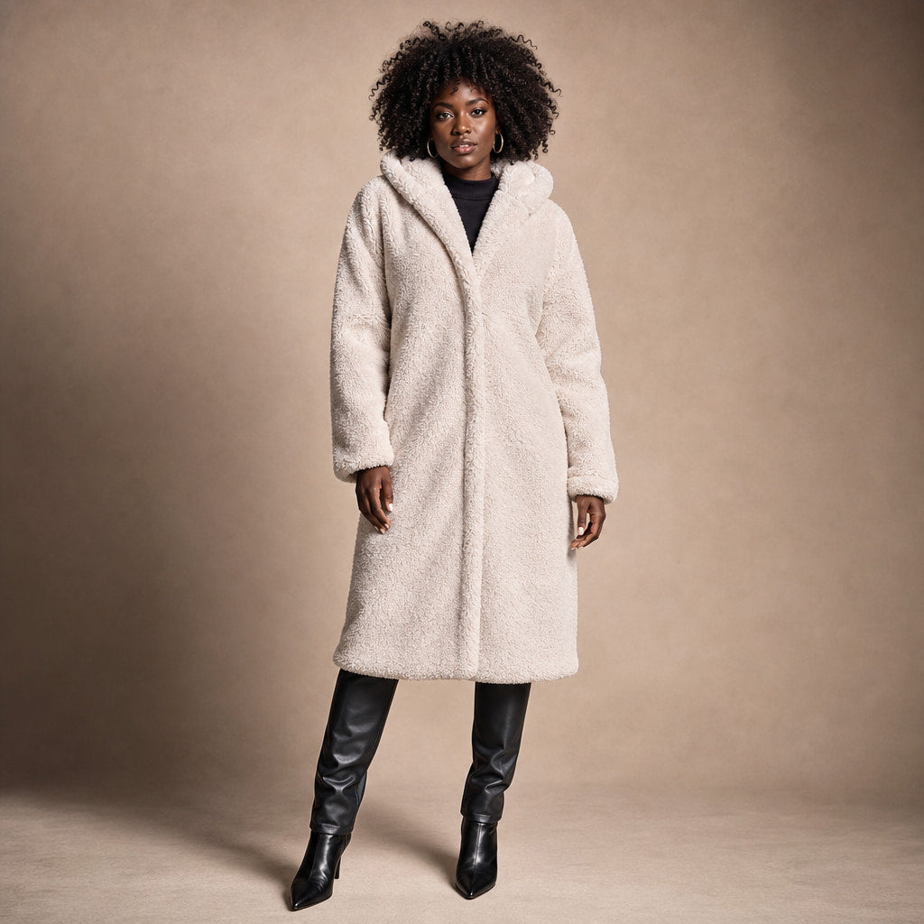 Women's Teddy Winter Coat Long with Hood - Elegant Warm Wool Coat in White – Mampierimoda Premium Womenswear