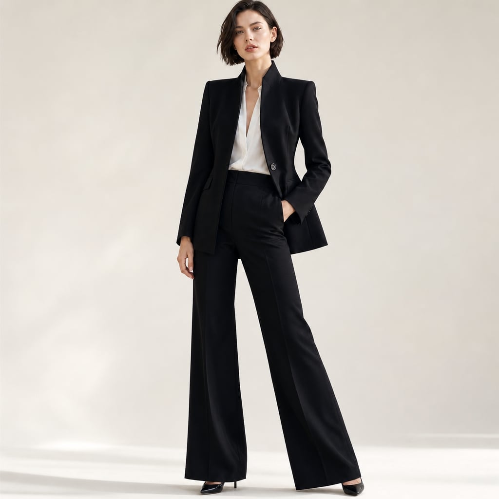 Women's Two-Piece High Collar Blazer and Wide-Leg Pants Suit Black – Product Photo