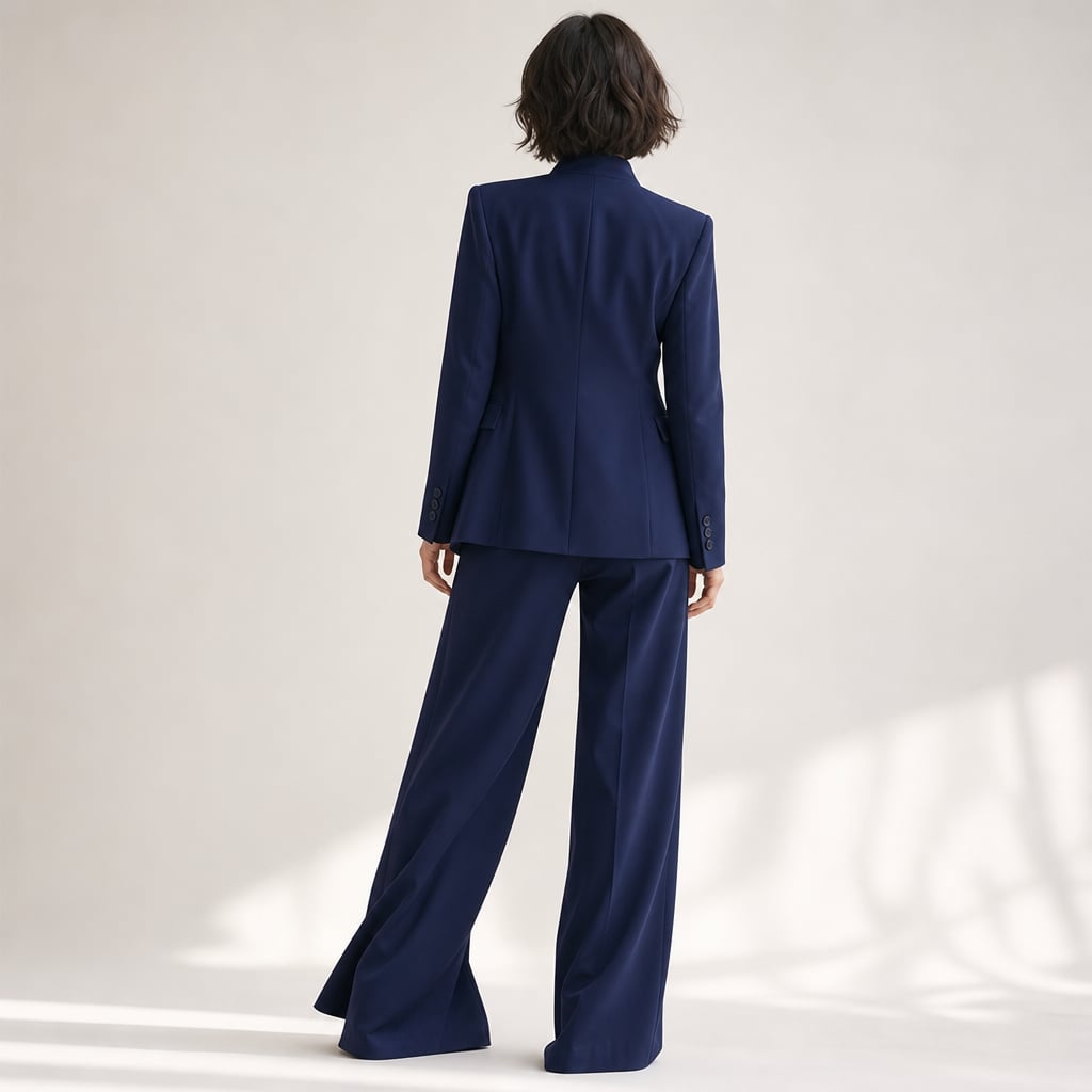 Women's Two-Piece High Collar Blazer and Wide-Leg Pants Suit Navy Blue – Side Angle View
