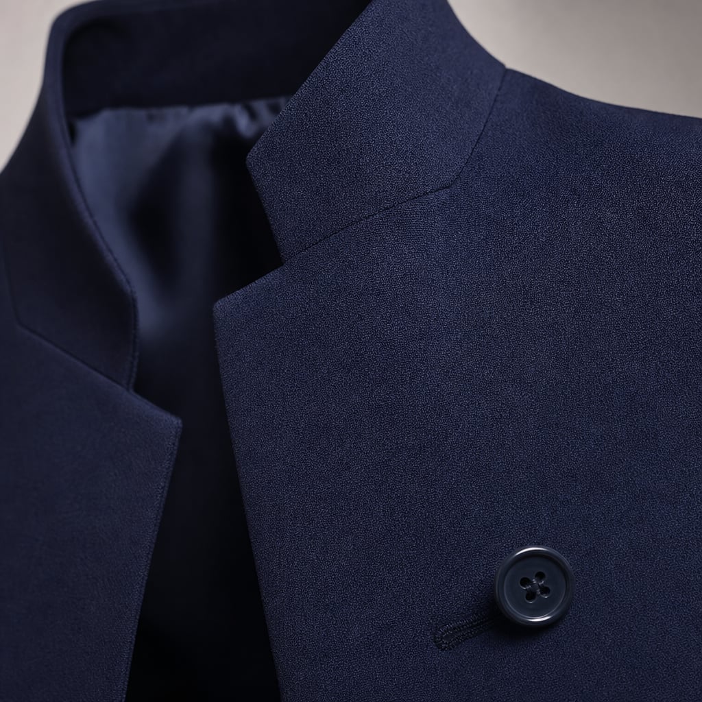 Women's Two-Piece High Collar Blazer and Wide-Leg Pants Suit Navy Blue – Fabric and Detail Close-Up