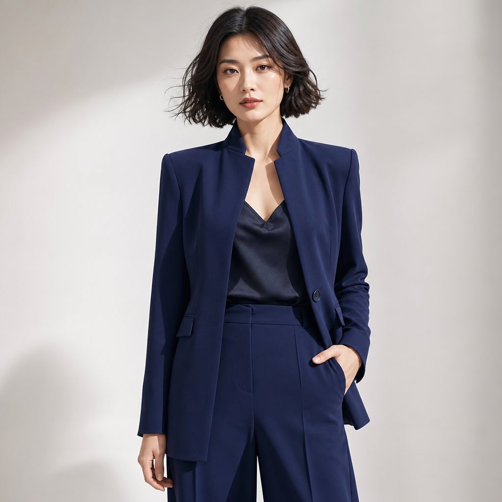 Women's Two-Piece High Collar Blazer and Wide-Leg Pants Suit Navy Blue – Full Look