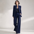 Women's Two-Piece High Collar Blazer and Wide-Leg Pants Suit Navy Blue – Product Photo