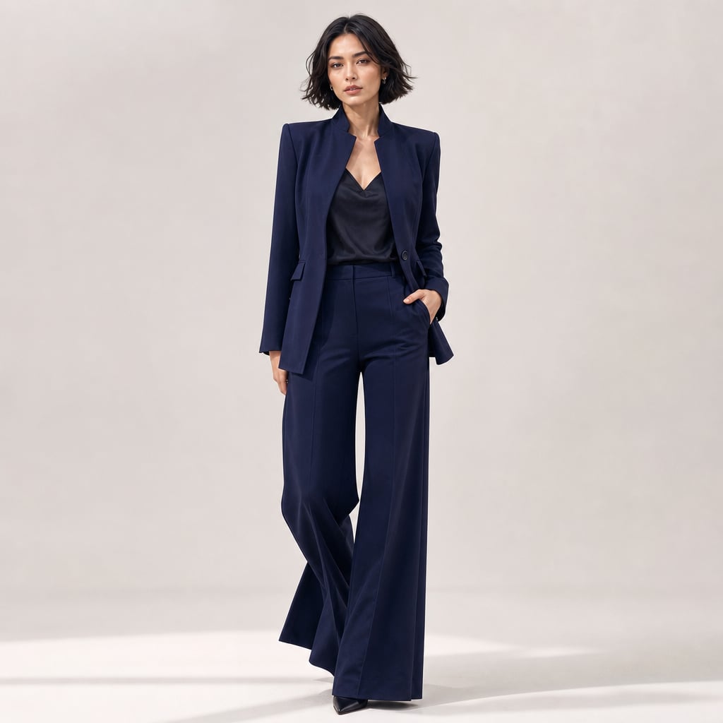 Women's Two-Piece High Collar Blazer and Wide-Leg Pants Suit in Navy Blue – Mampierimoda Premium Womenswear