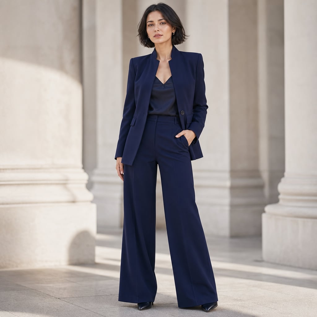 Women's Two-Piece High Collar Blazer and Wide-Leg Pants Suit Navy Blue – Styled Editorial Shot