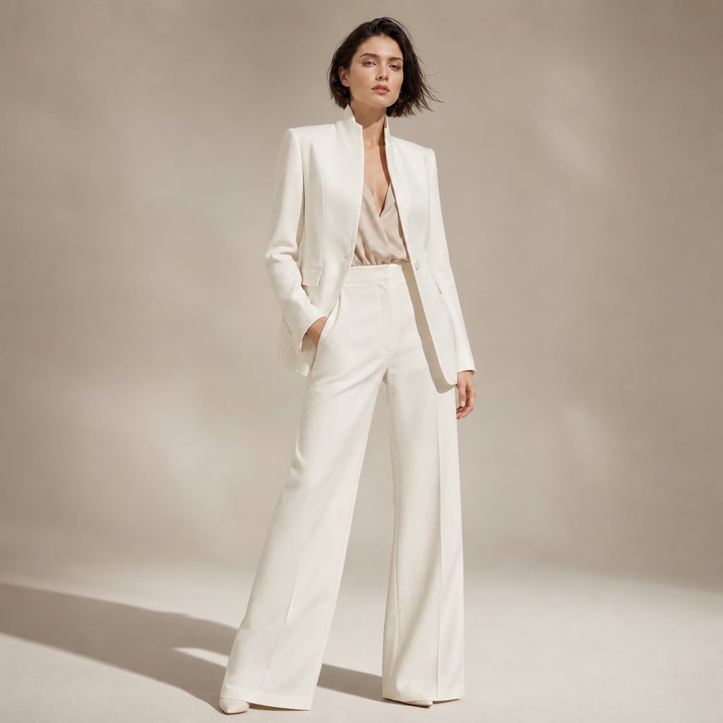 Women's Two-Piece High Collar Blazer and Wide-Leg Pants Suit White – Product Photo