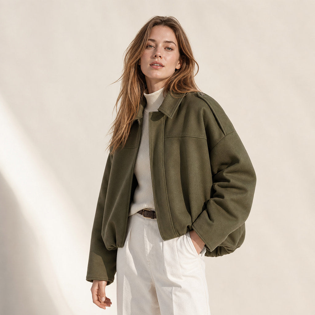 Women's Vintage Oversized Bomber Jacket Armygreen – Side Angle View