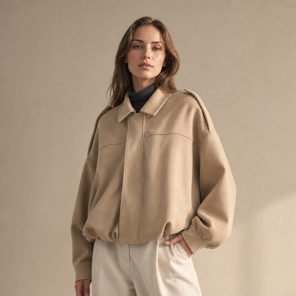Women's Vintage Oversized Bomber Jacket Beige – Product Photo