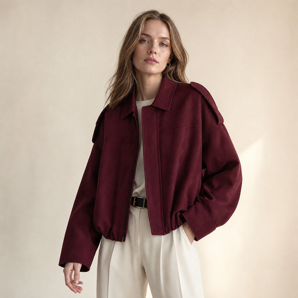 Women's Vintage Oversized Bomber Jacket Burgundy – Product Photo