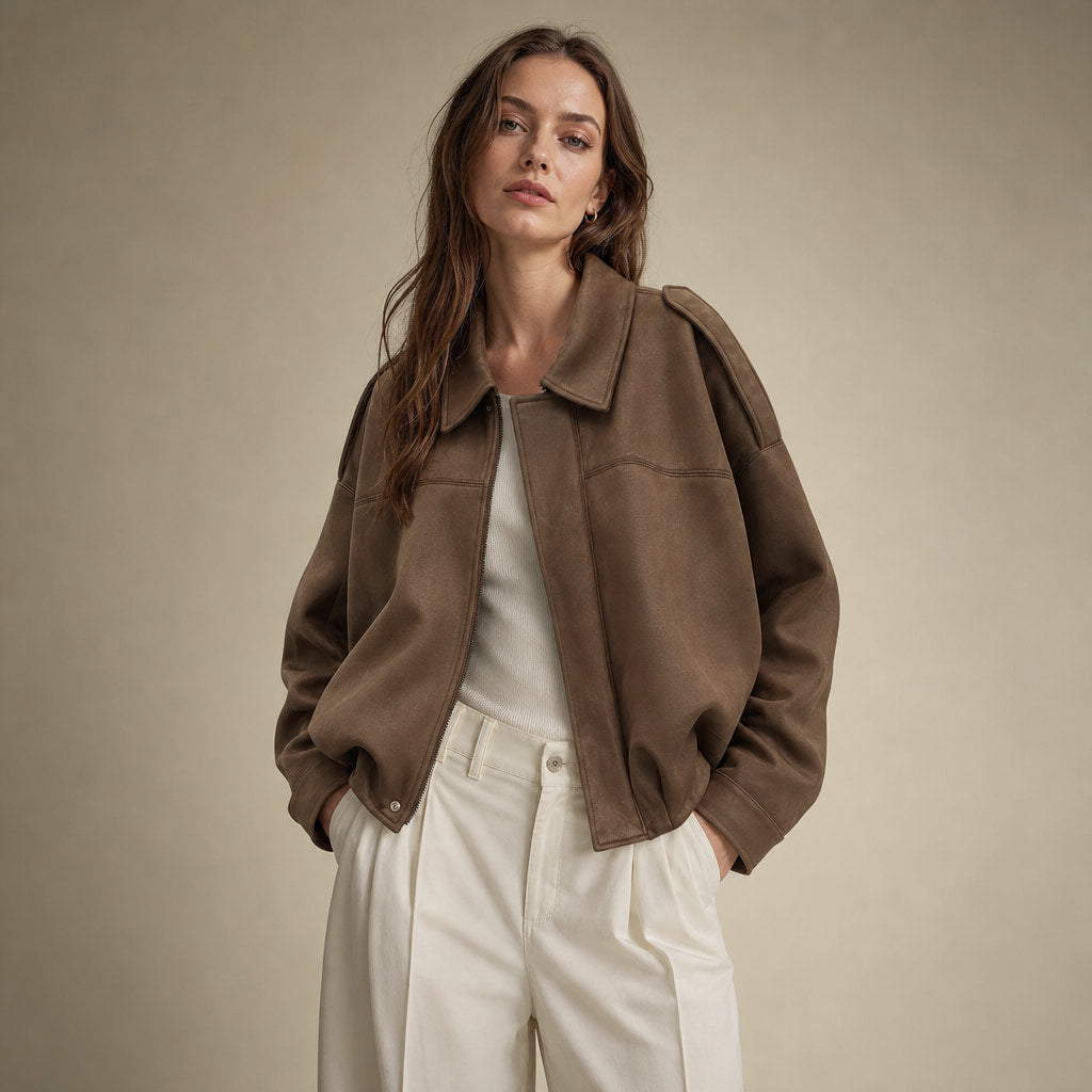 Women's Vintage Oversized Bomber Jacket Light Brown – Product Photo