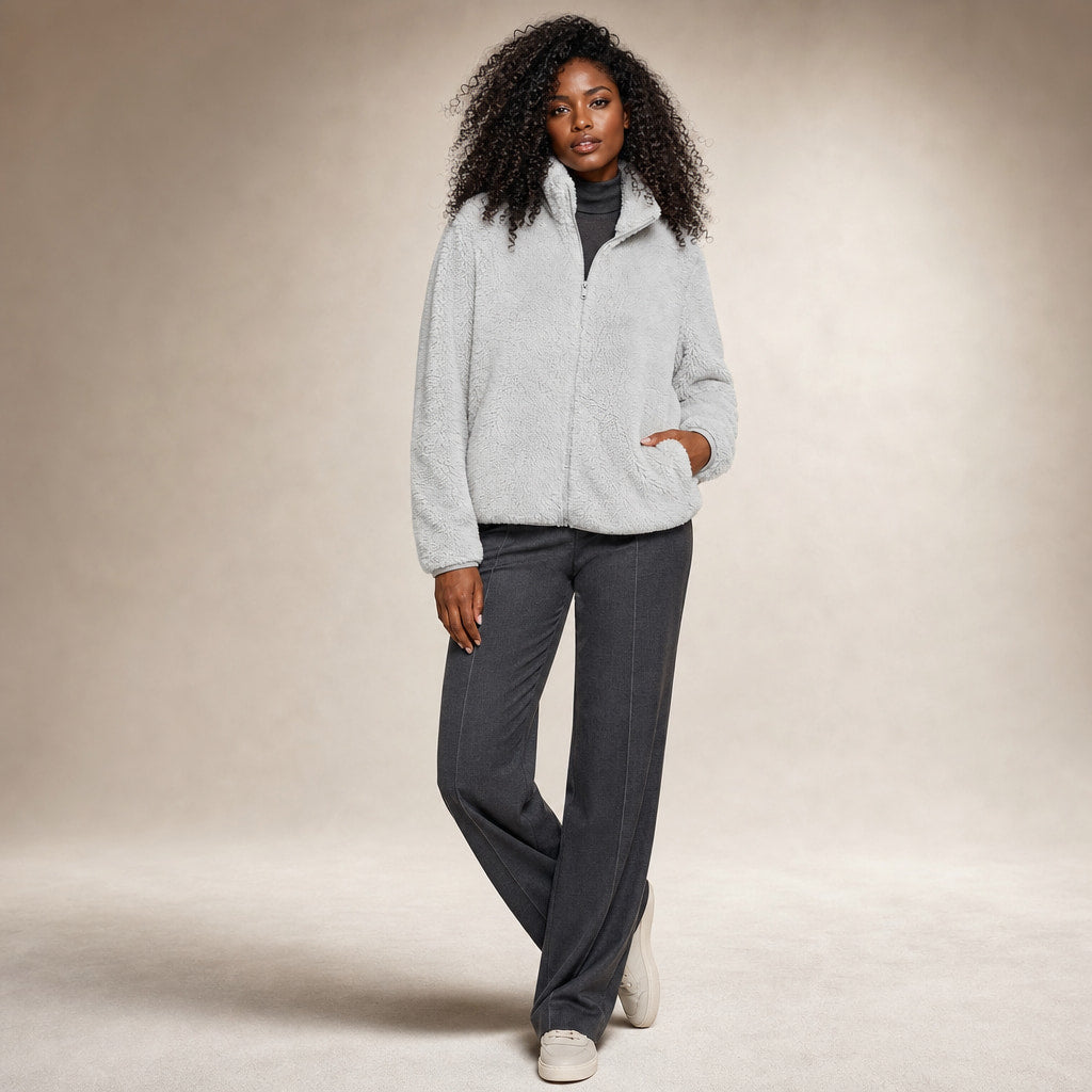 Women's Warm Cozy Fleece Jacket Light Grey – Side Angle View