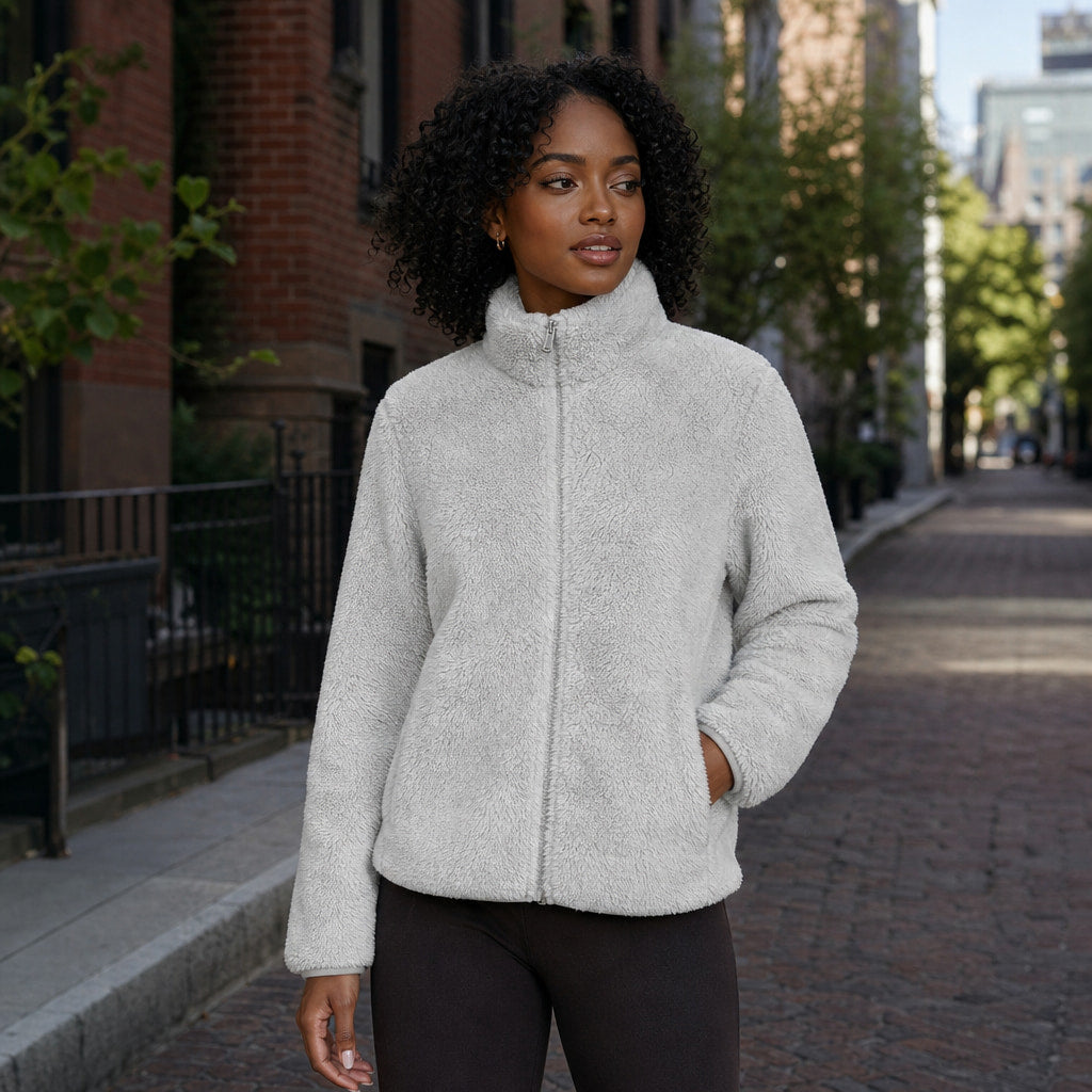 Women's Warm Cozy Fleece Jacket Light Grey – Styled Editorial Shot