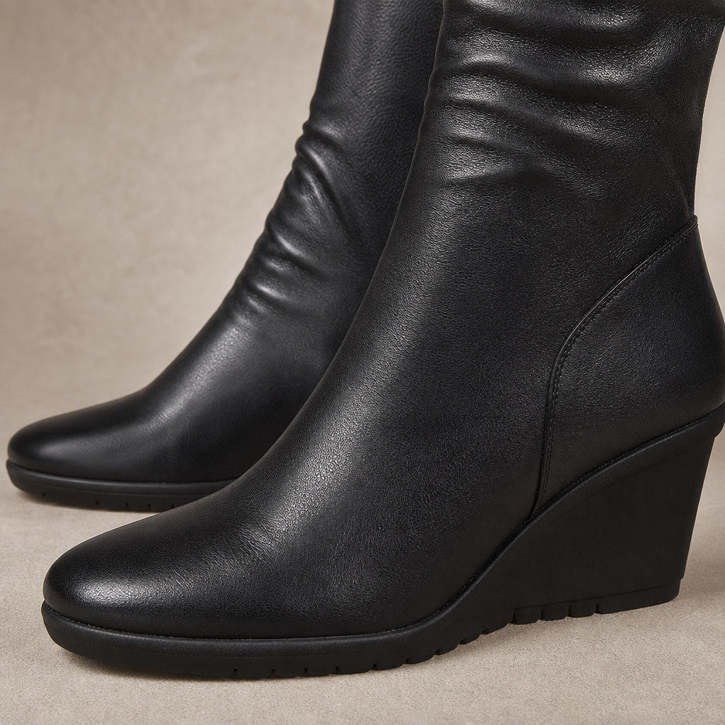 Women's Wedge Boots, Mid Calf Hidden Heel Pull On Booties Black – Fabric and Detail Close-Up