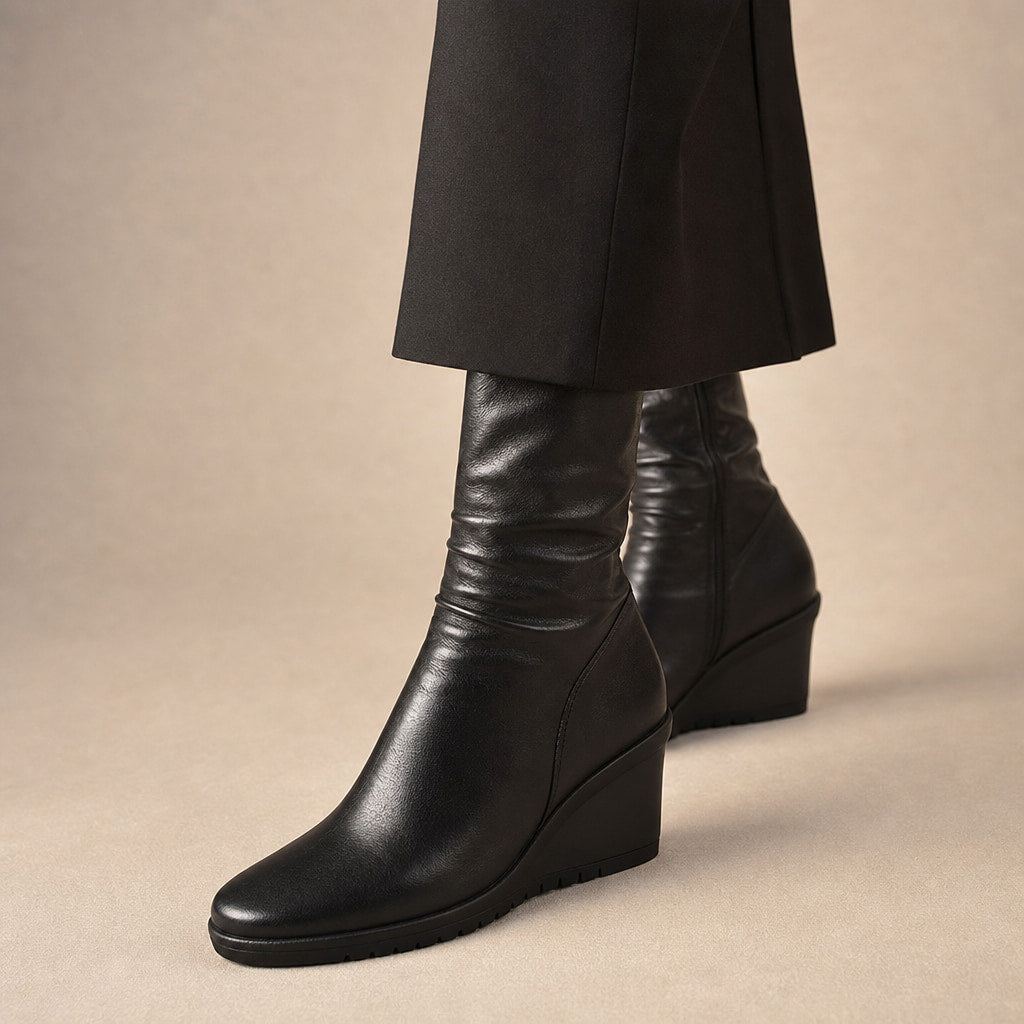 Women's Wedge Boots, Mid Calf Hidden Heel Pull On Booties in Black – Mampierimoda Premium Womenswear