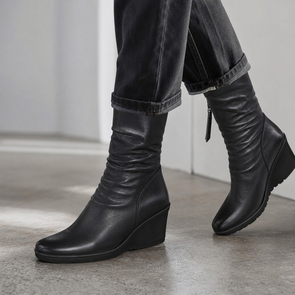 Women's Wedge Boots, Mid Calf Hidden Heel Pull On Booties Black – Styled Editorial Shot, Detail
